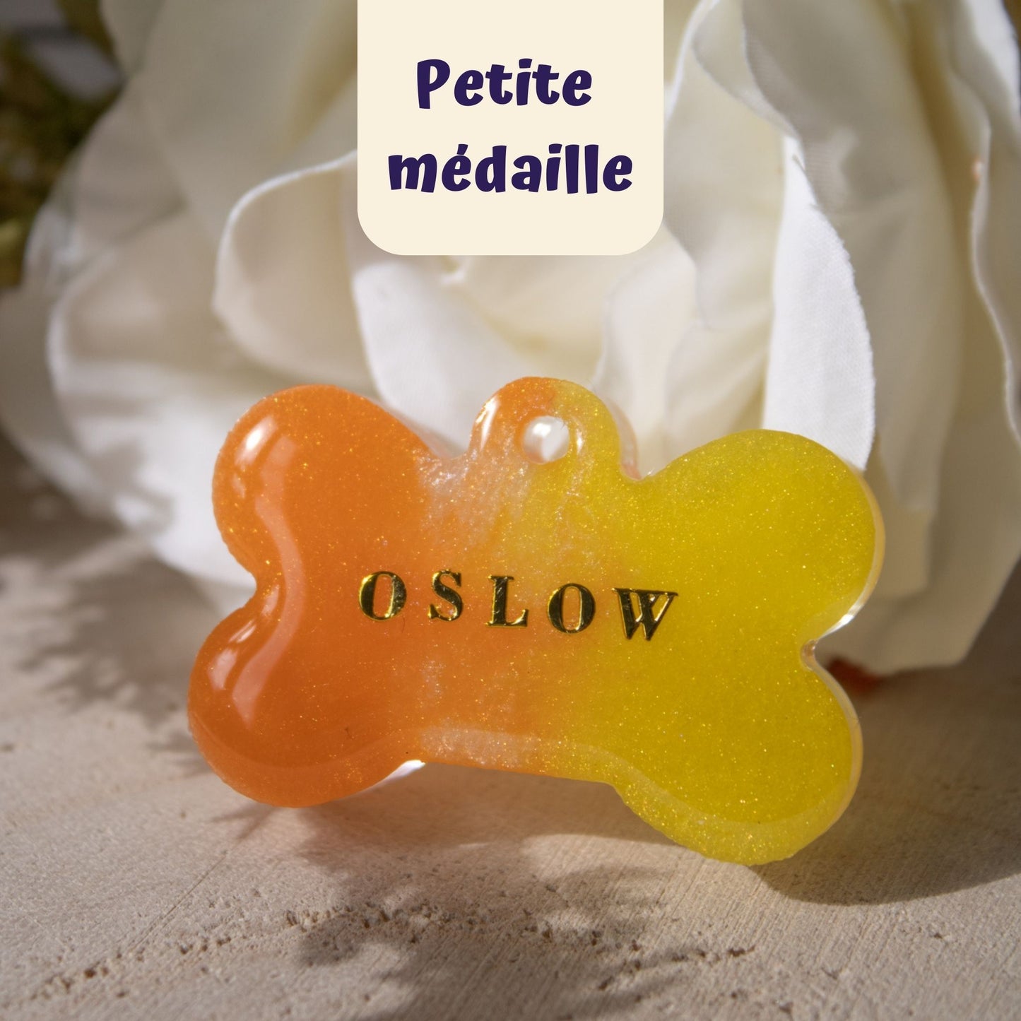 Gravure medaille pour chat a personnaliser forme os couleur orange